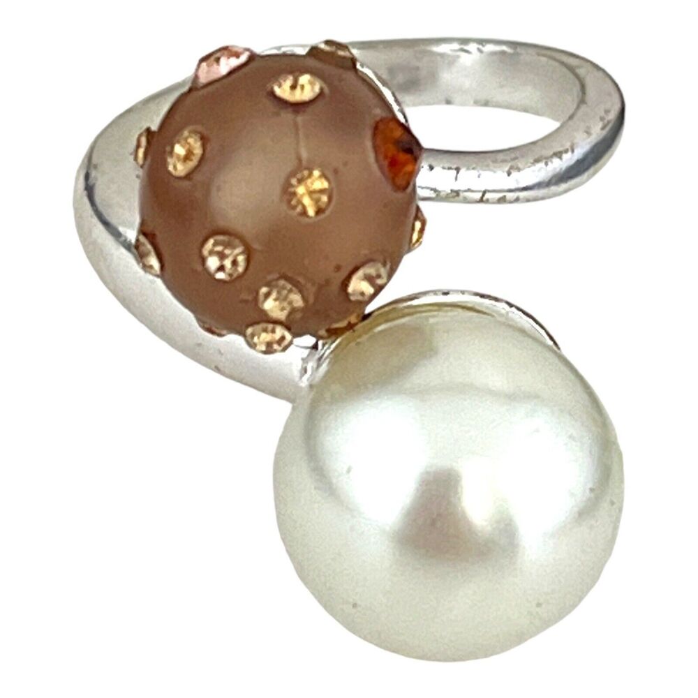 Modernist Pearl Crystal Ring Size 5.25 Silver Tone - 3R
